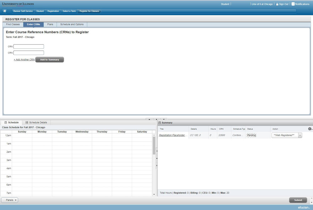 Screen shot of Enter CRN form