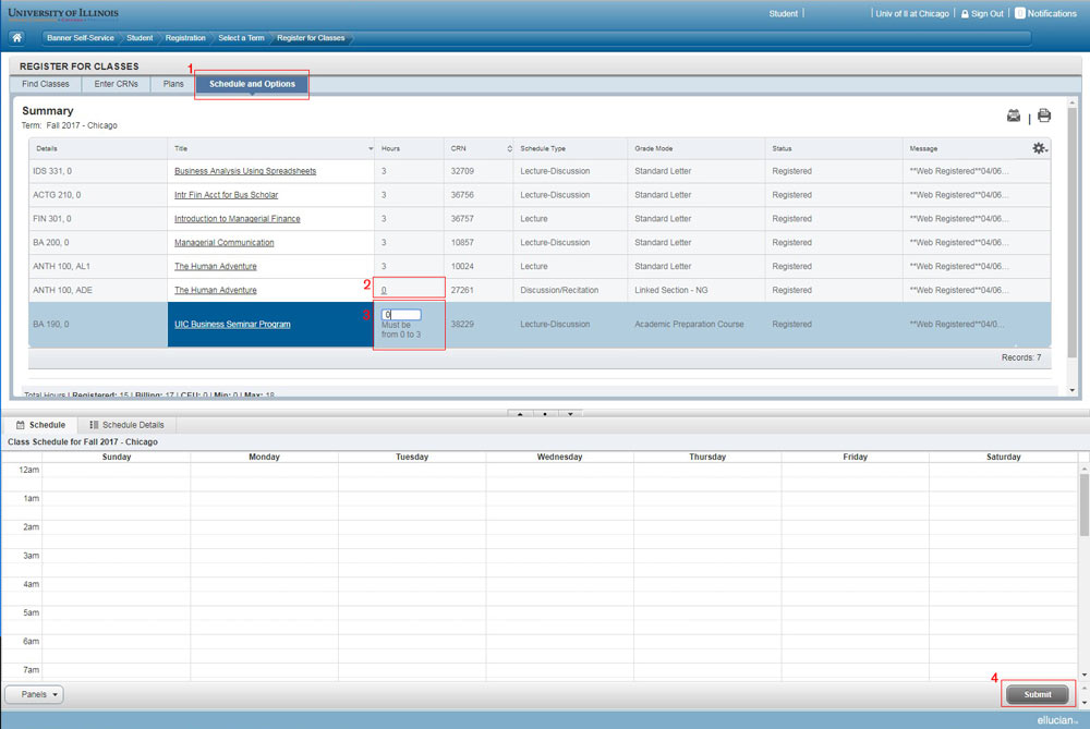 Screen shot of Schedule and Options page with red boxes pointing to the areas where the 4 steps are to be conducted.