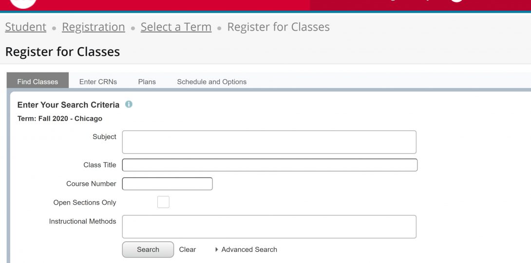 Screen shot of Search Criteria form with autocompleted subject field for Registration