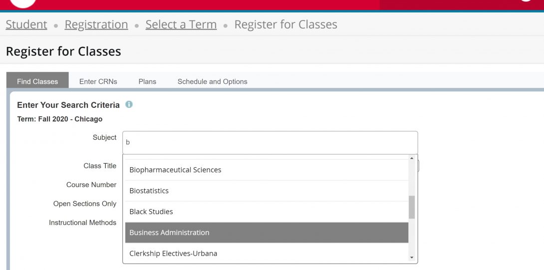 Screen shot of Search Criteria form with autocompleted subject field for Registration